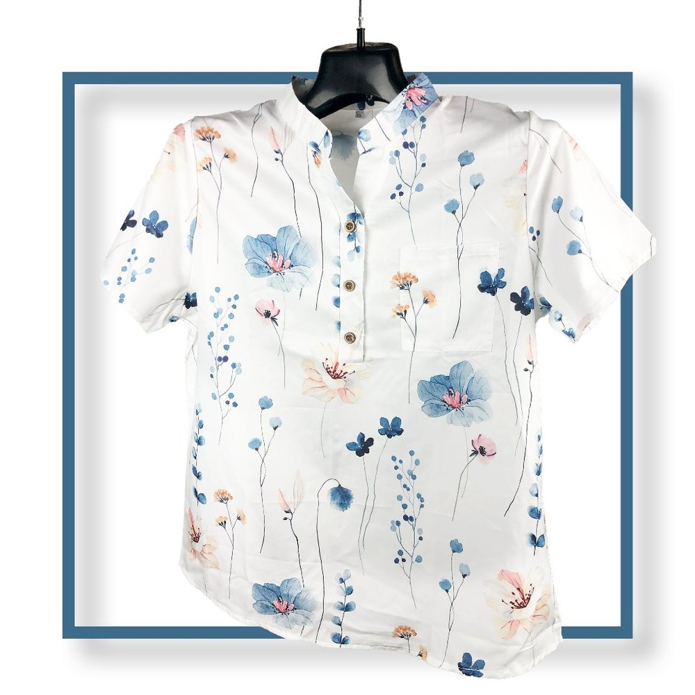 White & pastel colors lightweight mandarin collar half button floral feminine L